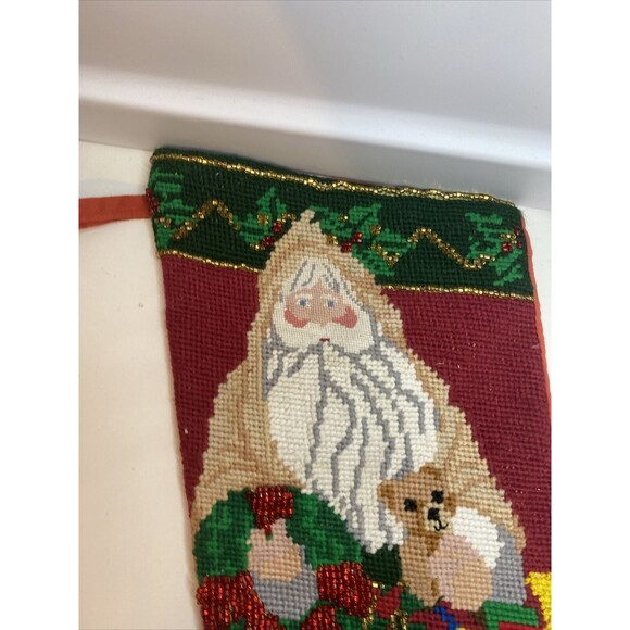 vintage needlepoint CHRISTMAS STOCKING with old world Santa With Beads - Picture 2 of 8